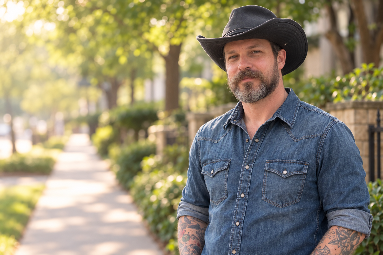 Kyle in a black cowboy hat and denim shirt
